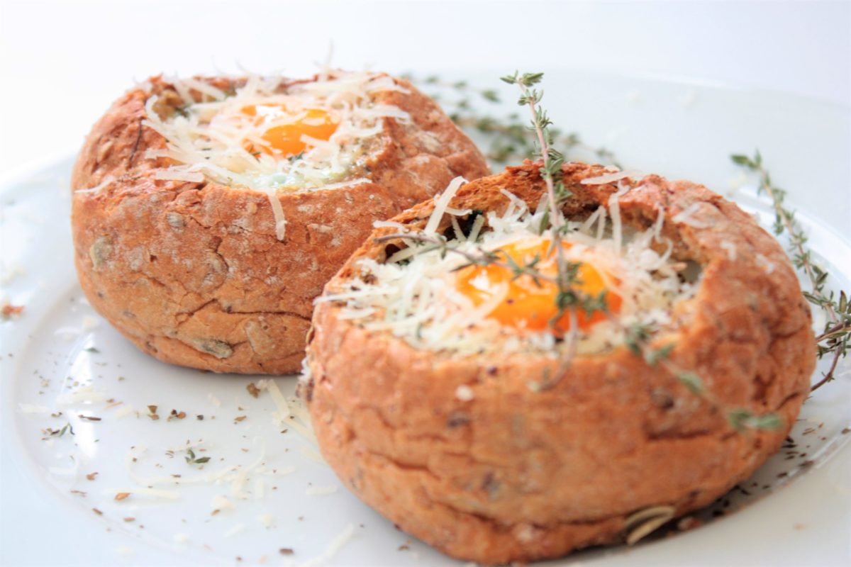 Baked Eggs in Bread Bowls with Asparagus